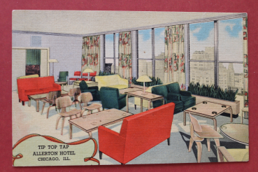 Postcard PC Chicago IL Illinois 1920-1950 Tip Top Tap Restaurant Allerton Hotel Lounge Eames design chair USA US United States